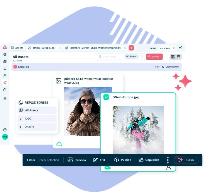 Asset manager interface showing selected ONeill-Europe.jpg preview of a snowboarder in snow.